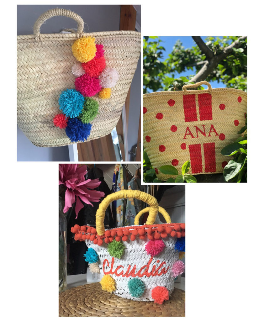Capazos personalizados con pompones, madroños y pintados a mano.