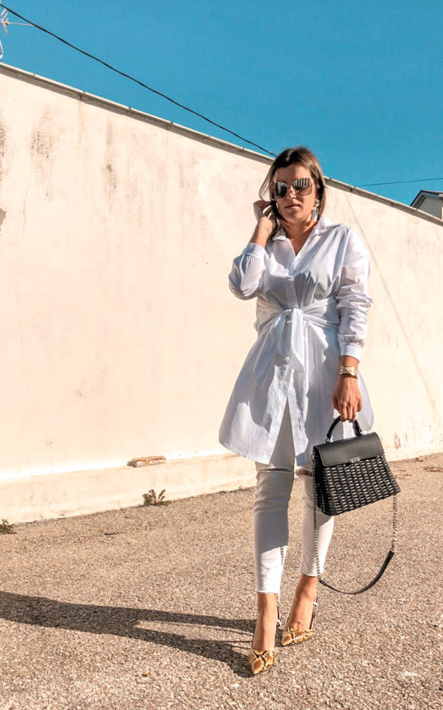 White Thigh Split Shirt Mini Dress